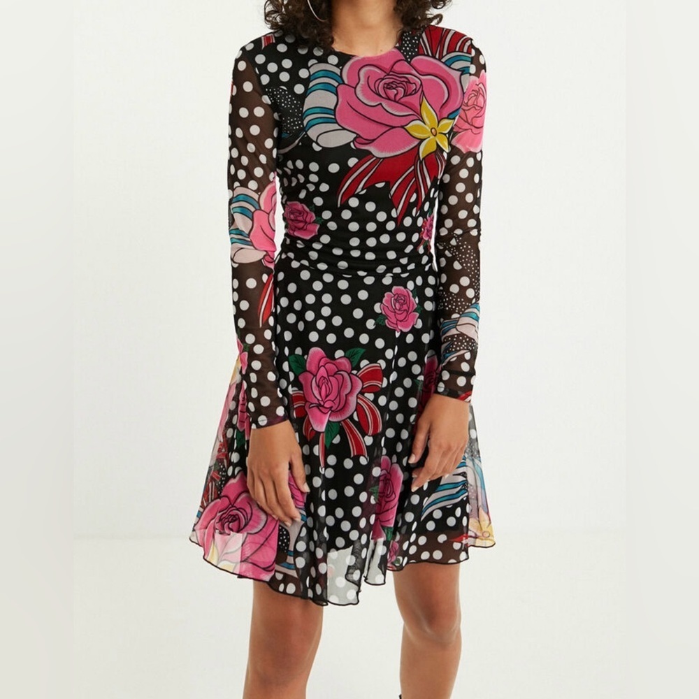 Desigual X María Escote Floral Polka Dot Mini Dress Medium Multicolor Artsy EUC - Picture 9 of 9
